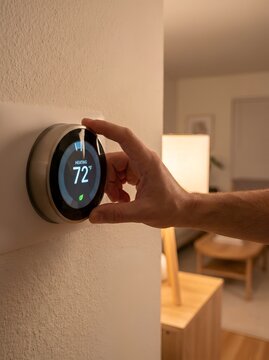 Hand adjusting a smart thermostat on a wall in a home