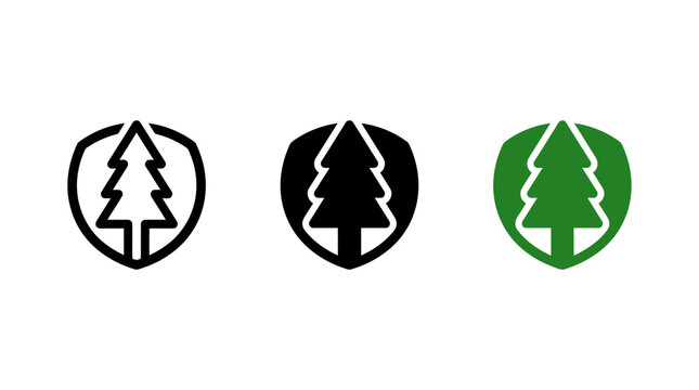 Forest conservation icon design set with shields and evergreen pine tree graphics
