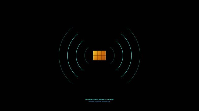 Seamless loop animation of a glowing orange NFC chip emitting concentric teal waves against a black background, symbolizing wireless payment and digital transaction technology.