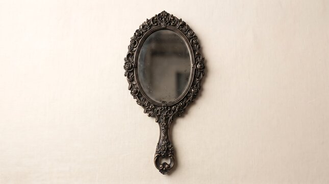 An ornate, antique hand mirror with a dark, detailed frame hangs on a textured wall.
