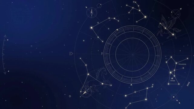 Astrological Star Chart and Zodiac Constellations on Dark Blue Cosmic Background