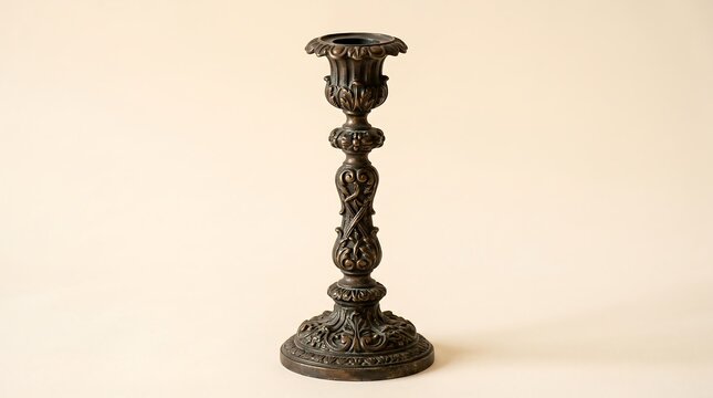An ornate, dark metal candlestick with intricate detailing and a wide, decorative base.