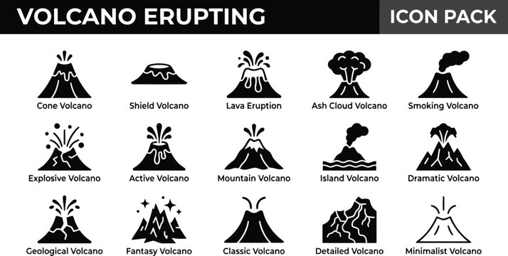 Volcano erupting icon pack, 15 black solid glyph icons of active volcanoes, lava eruption and mountain volcano symbols for geological infographics