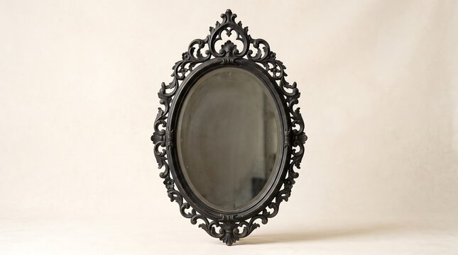 An ornate oval black mirror with intricate scrollwork and decorative elements on a plain background.