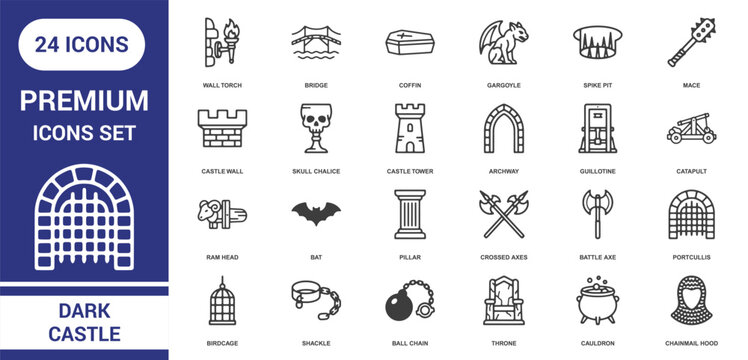 Set of twenty-four black and white line icons illustrating dark castle themes, featuring medieval dungeons, and gothic architecture