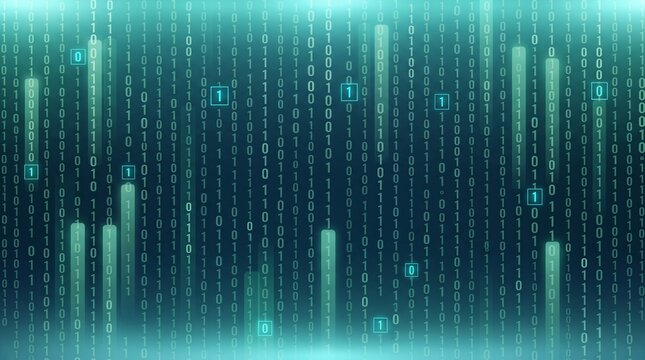 Abstract futuristic binary code matrix background with glowing digital data streams. High-tech cybersecurity, programming, big data, and information technology banner concept.