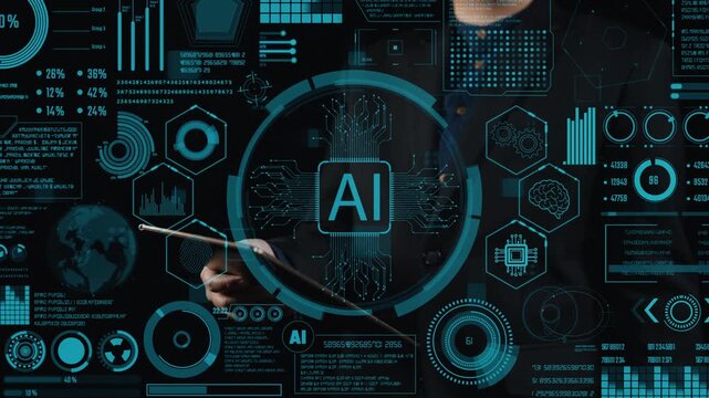 A businessman interacts with a digital interface showcasing artificial intelligence and data analytics in a modern setting, emphasizing technology and innovation. Cipher
