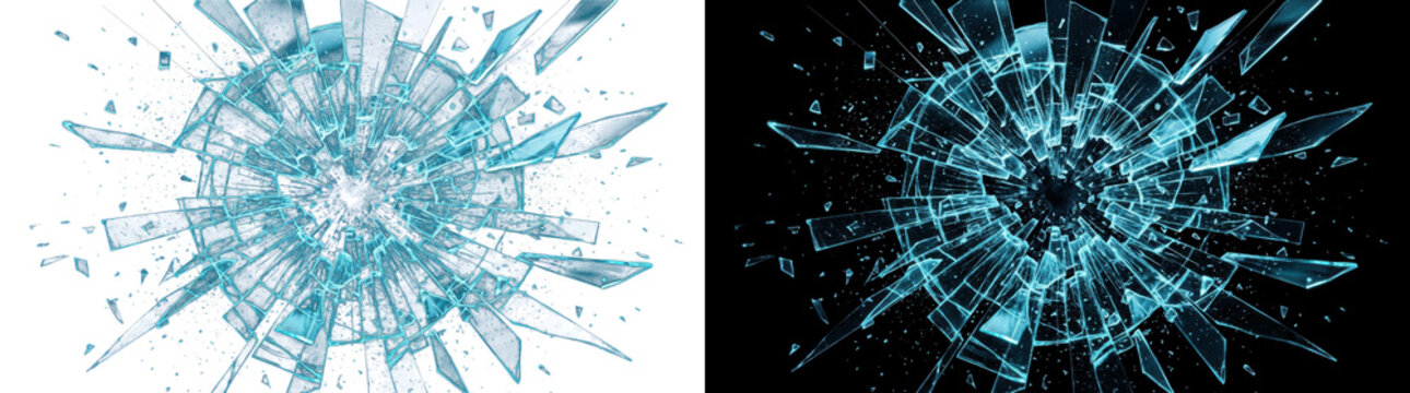 Shattered glass explosion with sharp shards isolated on transparent background and black background