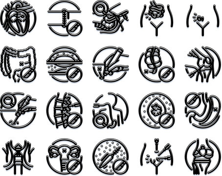 Assortment of linear surgical treatment icons displaying various internal human organs, body parts, and medical instruments for healthcare procedures and diagnostics