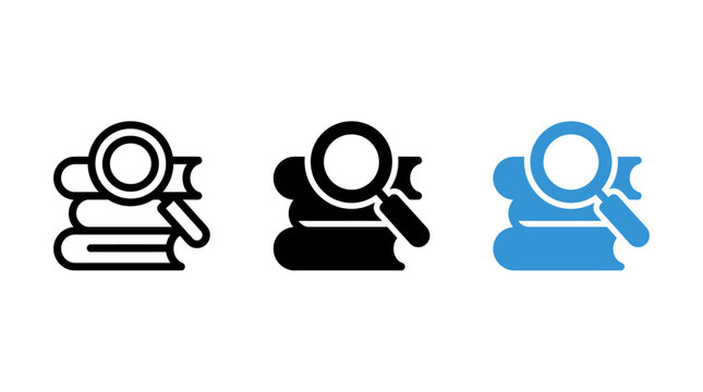 Knowledge base icon set with book stack and magnifying glass vector illustration