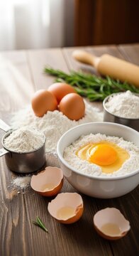 Baking Ingredients on Wooden Table.