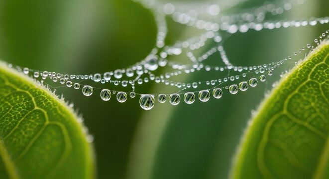 Dew-Kissed Spiderweb on Lush Green Leaves.