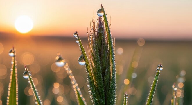 Dew-Kissed Wheat Stalks at Sunrise.