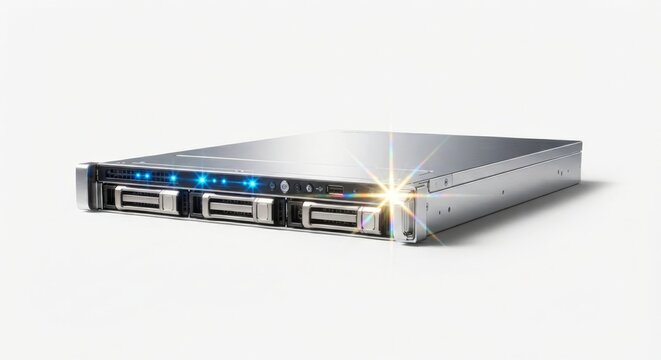 Server hardware on a plain background shows front view of multiple ports and lights