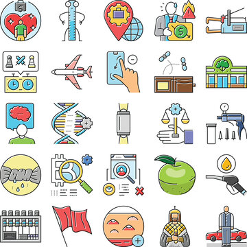 Collection of various business, technology, finance, healthcare, and lifestyle related icons illustrating modern concepts and issues in a diverse set of industries