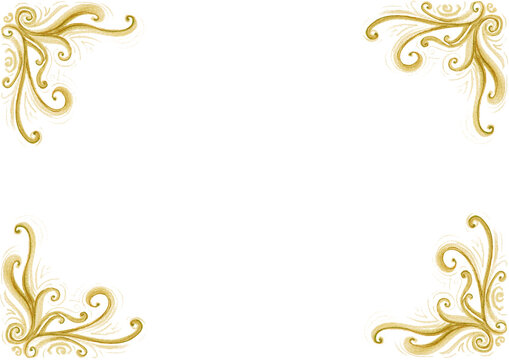 Frame of decorative patterns in each corner. Patterns consist of various curls, lines. Drawing with colored pencils. Ocher color. White copy space. Wedding invitation, postcard, certificate. Elegant.