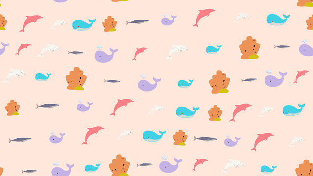 Cartoon sea animals and coral seamless pattern