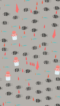 Cartoon underwater sea life pattern with fish and octopus
