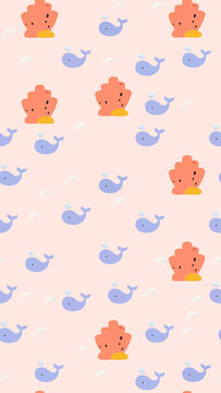 Cartoon Whales Dolphins and Coral Pattern