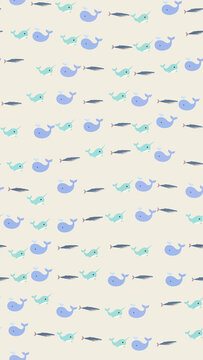 Cartoon whales and narwhals pattern