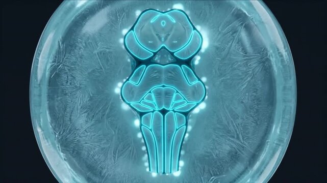 脳幹の解剖学的構造がシアンに発光しガラス状氷包埋下で静止するCG