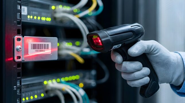 Close-up of a technician's hand in a white glove using a handheld barcode scanner to scan a serial number tag on a server rack in a modern data center with network cables and LED lights.