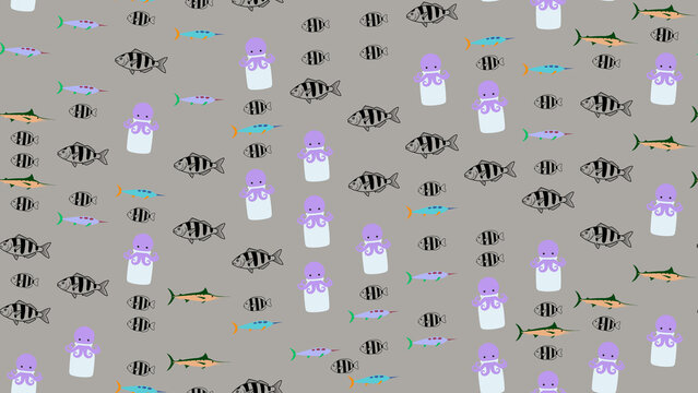 Seamless pattern of cartoon sea creatures