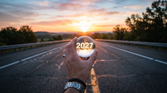 Hand Holding a Miniature Globe with 2027 Text at Sunset on an Open Road