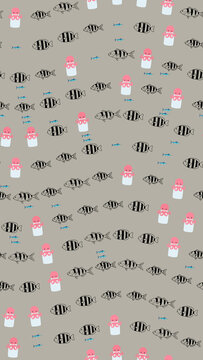 Seamless pattern of fish and pink octopuses