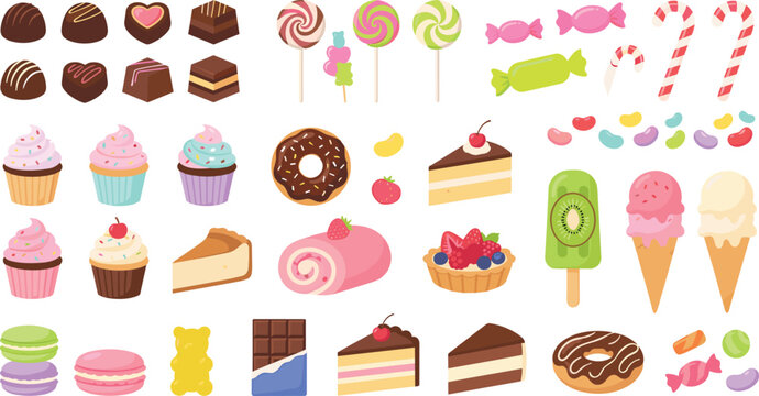 Sweet Dessert and Candy Vector Collection with Chocolate Cakes Cupcakes Ice Cream and Donuts