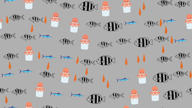 Seamless pattern with fish and octopuses