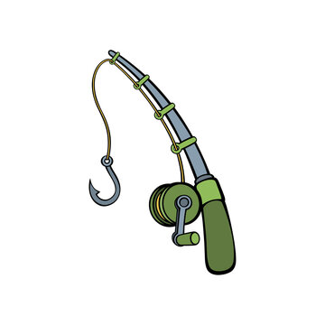 Fishing rod and hook illustration with spinning reel for angling sport outdoor recreation equipment graphic on transparent background design
