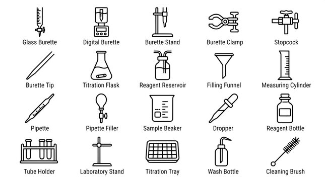 Laboratory titration equipment icons including burettes stands and flasks for analytical chemistry research with laboratory