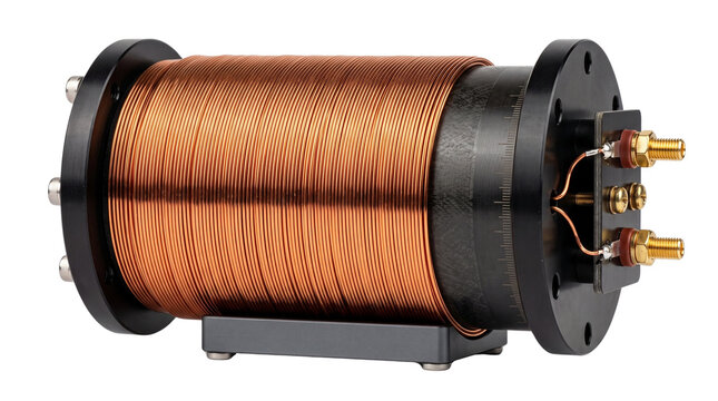 Copper wire induction coil component, electric electromagnetic solenoid core, industrial electronic hardware studio shot isolated on white background