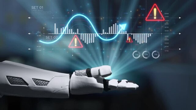 A futuristic robotic hand engages with a digital interface filled with alerts and data visualizations, showcasing advanced technology and innovation in robotics and analytics. Salient