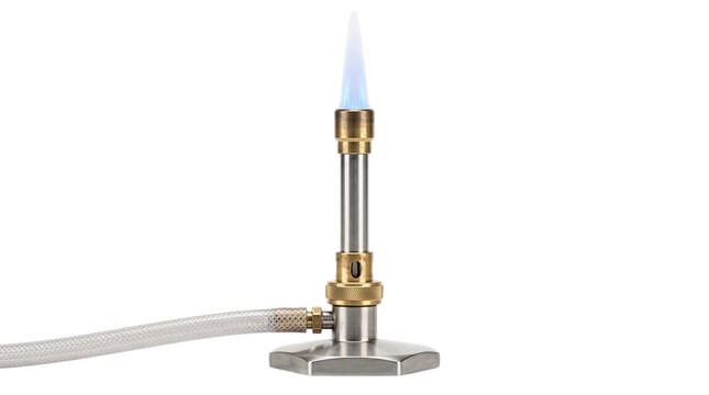 Laboratory Bunsen burner with lit blue gas flame, chemistry science experiment equipment isolated on white background