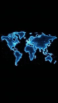 Blue World Map on Black Background with Glowing Continents, Global Earth Network, International Business, Geography, Travel and Digital Communication Concept