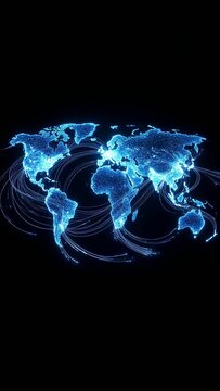 Blue World Map on Black Background with Glowing Continents, Global Earth Network, Digital Communication, International Business, Geography and Technology Concept