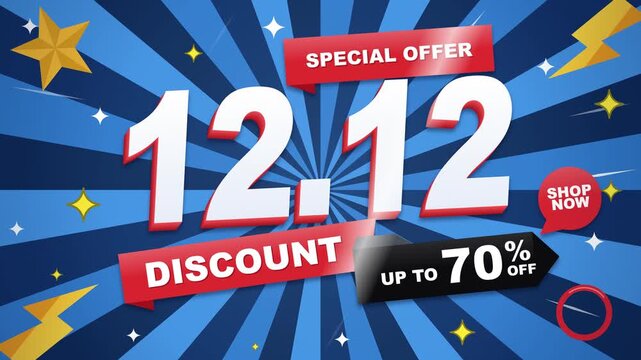Dynamic 3D promotional animation for a 12.12 mega sale event featuring up to 70% off discount text, special offer tags, and a shop now button on a blue sunburst background.