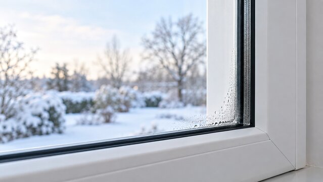 Modern insulated window with minimal condensation overlooking a snowy winter garden, representing thermal insulation, energy efficiency, indoor comfort and improved glazing performance.