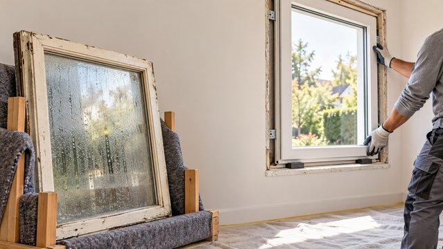 Worker installs a new energy efficient window during home renovation, replacing an old frame to improve insulation, comfort, thermal performance and residential energy savings.