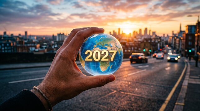 Hand Holding a Miniature Globe with 2027 Text at Sunset on an Open Road