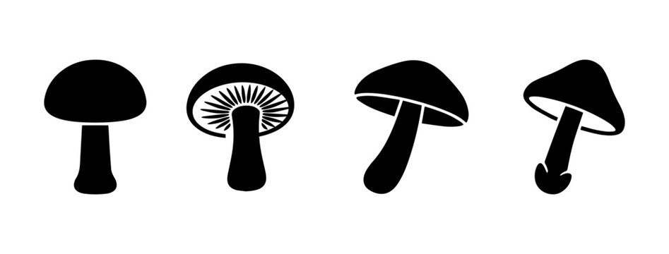 Four distinct mushroom silhouette icons in black and white with black icon wild mushroom nature icon forest fungus edible mushroom