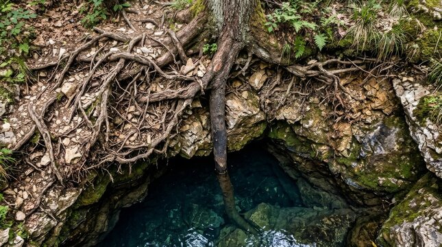 Detailed overhead view of strong tree roots growing over a rocky opening leading into a deep crystal clear natural spring pool in a lush forest environment, showing resilience of nature.