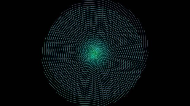 Dynamic kinetic moir&eacute; interference pattern with dual vortex motion, glowing cyan lines rotating against black background in seamless loop animation. Abstract cyber neon visual effect for digital.