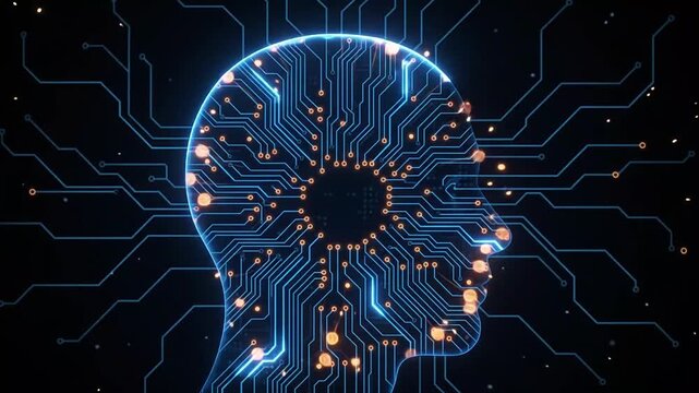 Artificial intelligence digital human head profile, glowing circuit board neural network, futuristic machine learning technology background