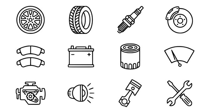 Auto Parts and Car Service Icon Set &ndash; Brake Pad, Wheel, Tire and Repair Outline Vector