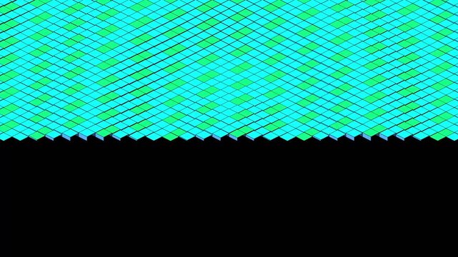 Seamless loop animation of kinetic parquet elevation tessellation with sinusoidal ripple pattern in cyber neon colors against black background, creating a dynamic flat vector motion effect suitable.