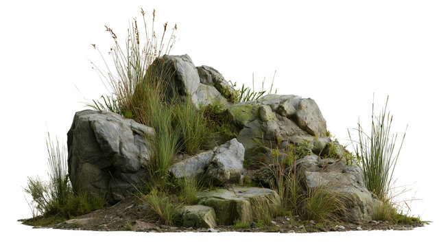 Natural rock formation with green grass isolated on transparent background