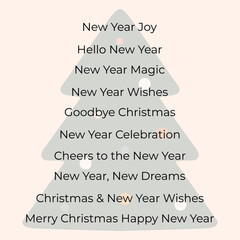 A collection of holiday lettering phrases and typography greetings arranged in a Christmas tree shape, including Happy New Year, New Year Magic, and Merry Christmas. © Inna